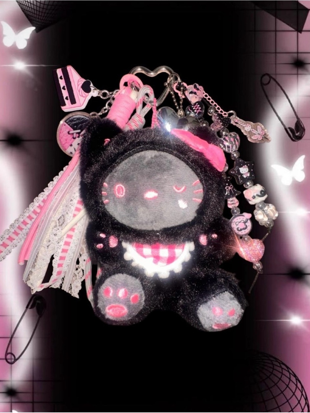Handmade Cute Black & Pink Hello Kitty Plush Keychain - Women’s Accessories
